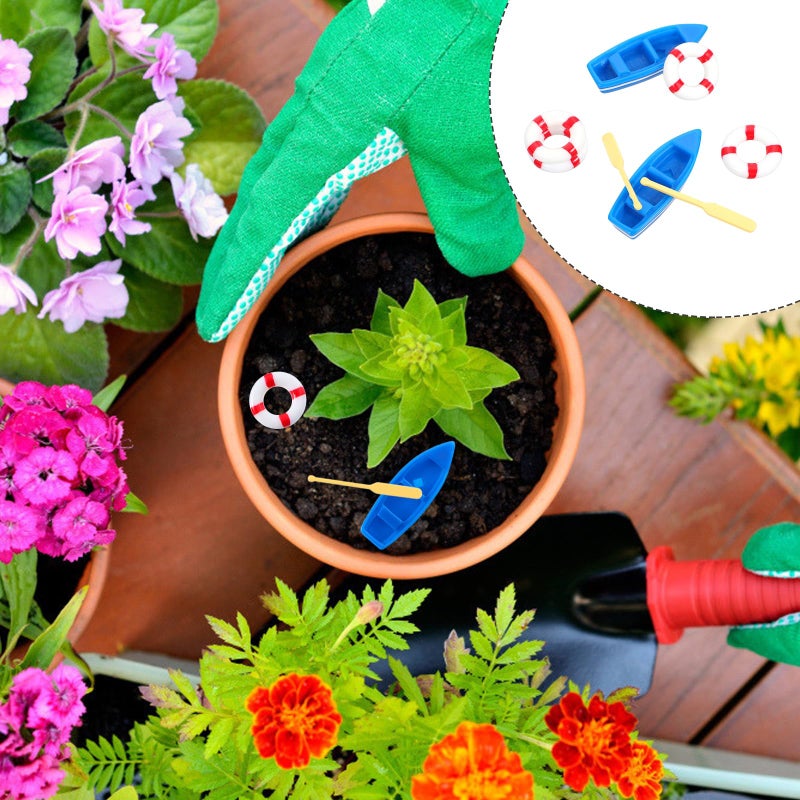 NUOBESTY 2 Sets Mini Vintage Fishing Boats Mini Beach Style Boat Oars Paddles Lifebuoy Set Miniature Ornament Kits for DIY Dollhouse Decorative Micro Landscape Scene Miniature Doll House Items - Image 3